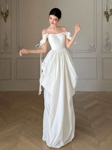 French Chic White A-Line Bow Sleeve Strap Bateau Corset Maxi Wedding Dress RS282