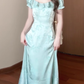 Large size French U-neck tea break ruffle dress retro exquisite slim fit blue dress R1881