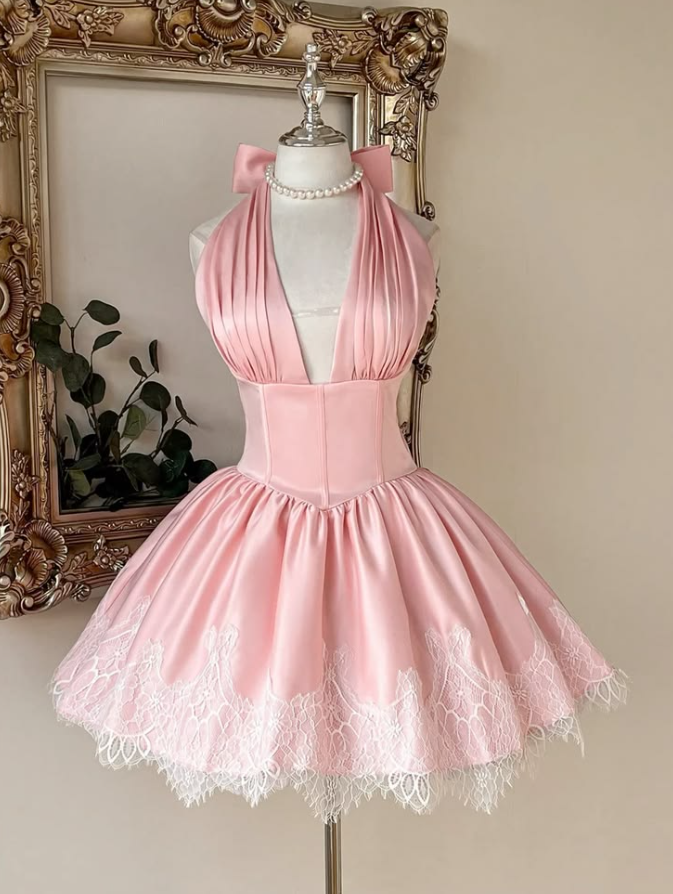 Hazy Halter Lace Trim Corset Homecoming Dress , Sweet Women's Short Prom Dress RS2202