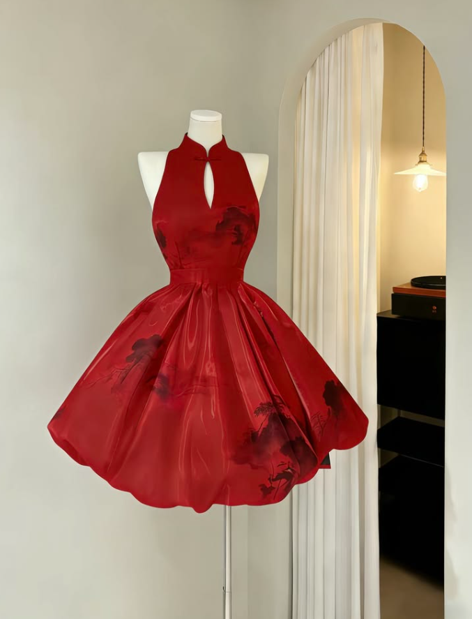 Hazy Halter Silky Corset Homecoming Dress , Red Women's Short Prom Dress RS2203