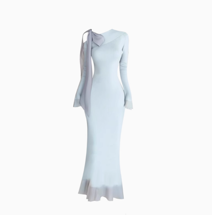 Gentle oblique collar bow tie dress 2025 waist hip long skirt R1168