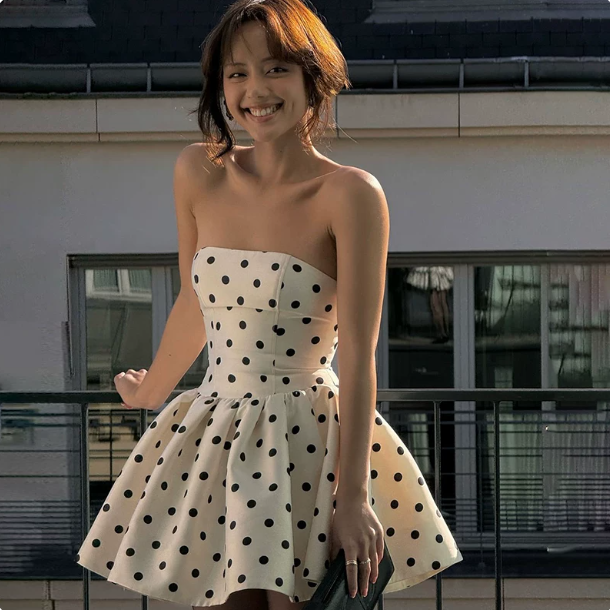 Minimalist Light Ivory A-Line Strapless Polka Dots Bodycon Mini Birthday Dress Homecoming Dress RS283