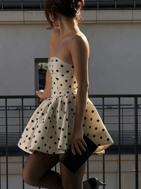 Minimalist Light Ivory A-Line Strapless Polka Dots Bodycon Mini Birthday Dress Homecoming Dress RS283