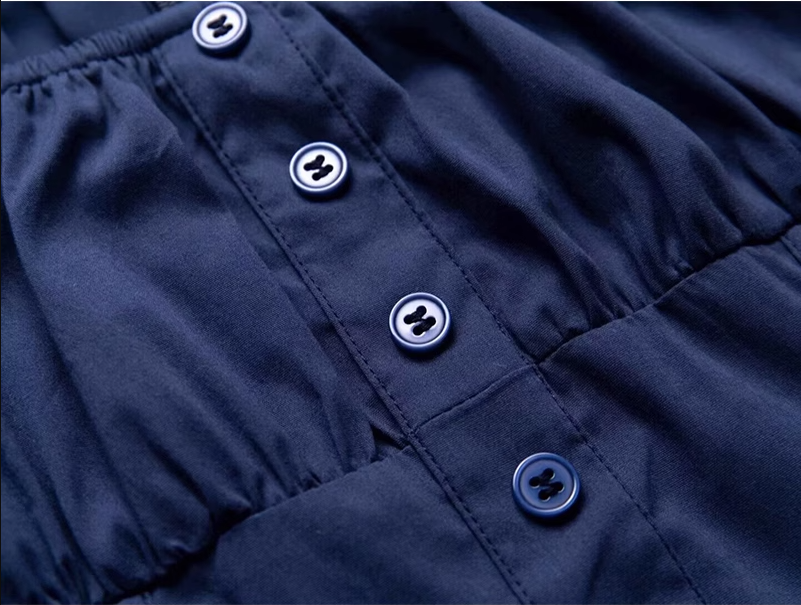 2025 Summer New Blue Square Neck Puff Sleeve Waist Slimming Short A-Line Dress R0944