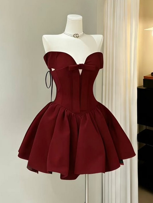 Silky Satin Sweetheart Corset Homecoming Dress , Burgundy Women's Short Prom Dress RS2206