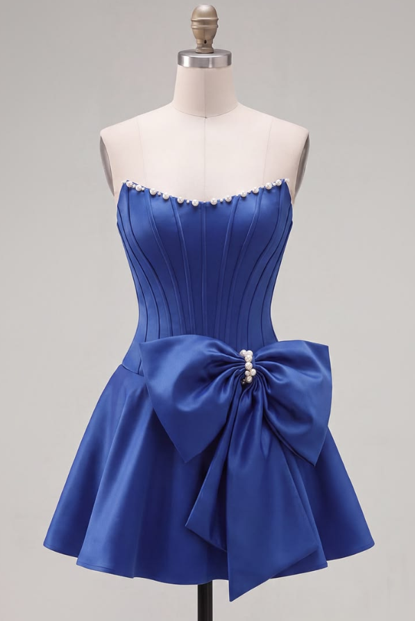 Silky Satin Strapless Corset Homecoming Dress , Navy Women's Short Prom Dress RS2208