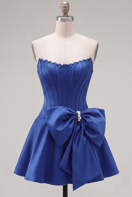 Silky Satin Strapless Corset Homecoming Dress , Navy Women's Short Prom Dress RS2208