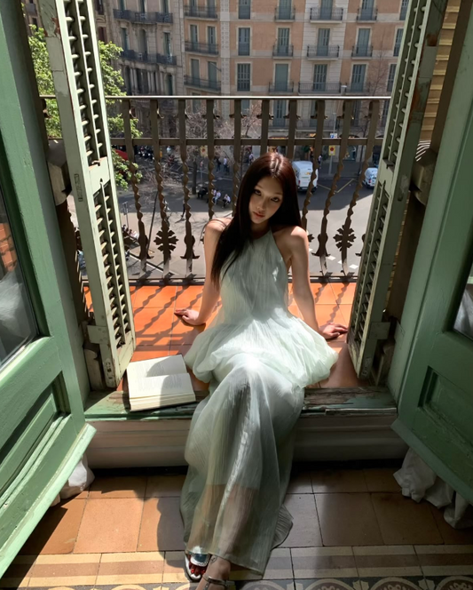 Flowy Tulle Halter Prom Gown Mint Green Women's Corset Maxi Birthday Dress Casual Dress RS3011