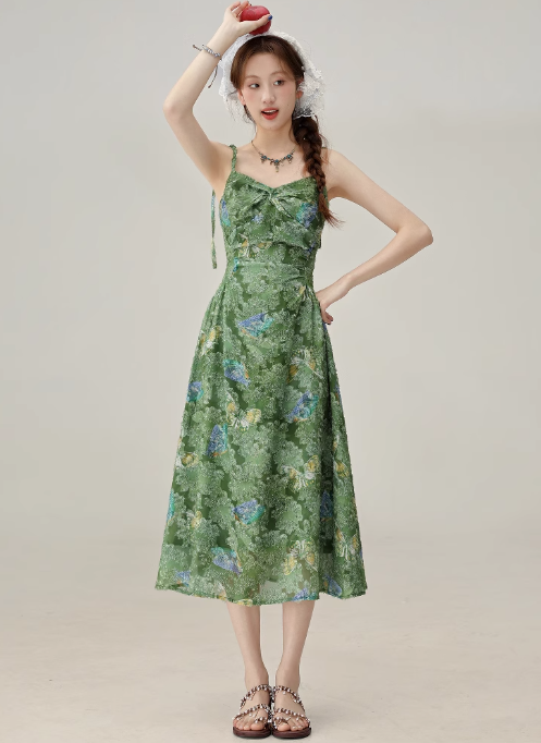 Summer beautiful holiday style green suspender dress 2025 new floral dress R1928