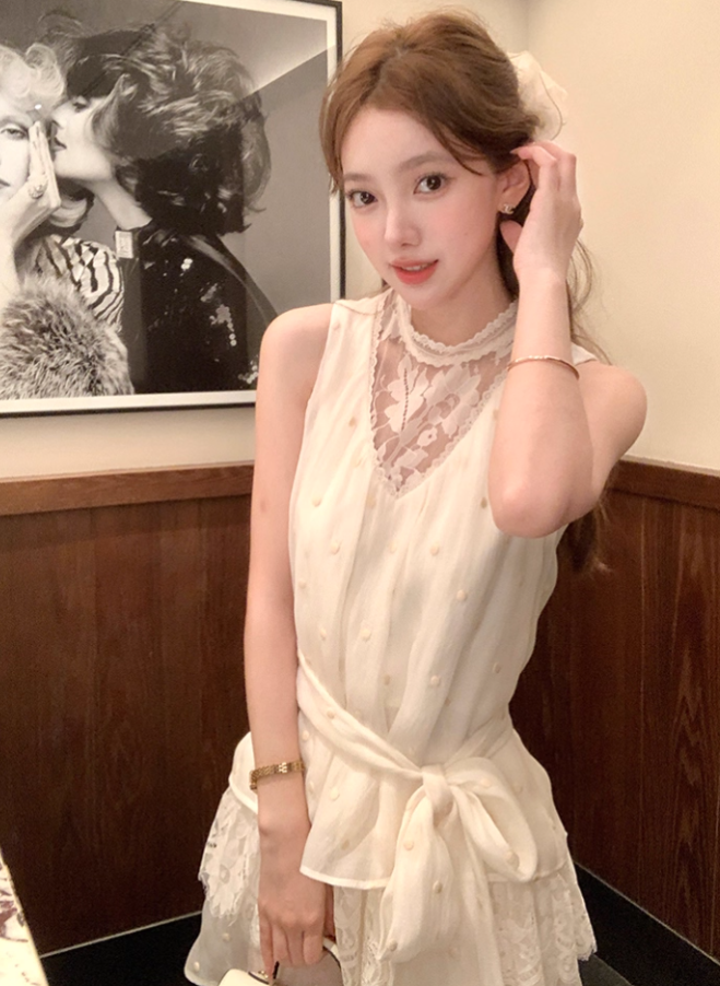 Apricot mid-length waist hollow embroidery polka dot dress summer French retro temperament skirt R4702