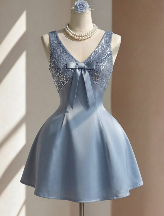 Sequins Silky Corset Homecoming Dress , Blue Women's Short Prom Dress Party Dress RS2230