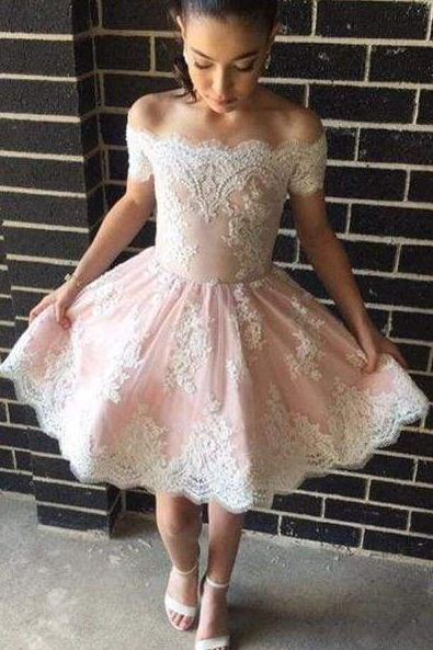 Lace Embroidered Bateau Corset Homecoming Dress , Pink Women's Short Prom Dress Birthday Dress RS2234