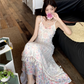 Fairy layered halter neck floral long skirt hollow lace waist temperament suspender dress R1726