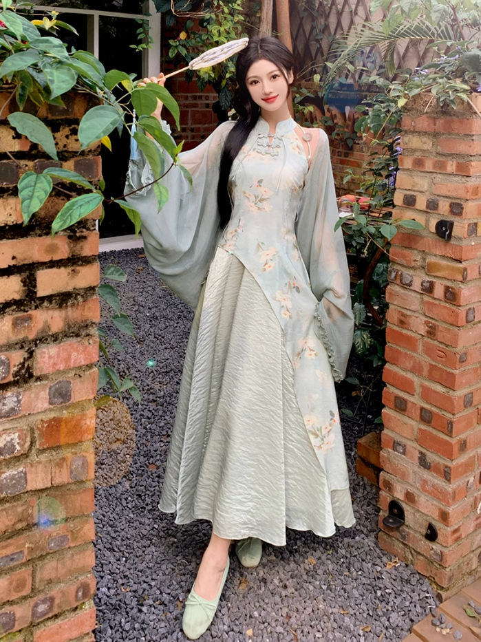 Fairy New Chinese Retro Temperament Splicing Printed Long Skirt Sleeveless Halter Neck Dress R1711