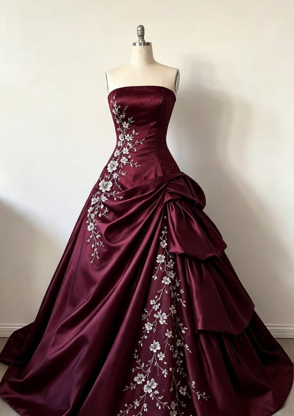 Strapless Printed Pattern Corset Prom Gown , Burgundy Women's Maxi Evening Dress Ball Gown RS2264