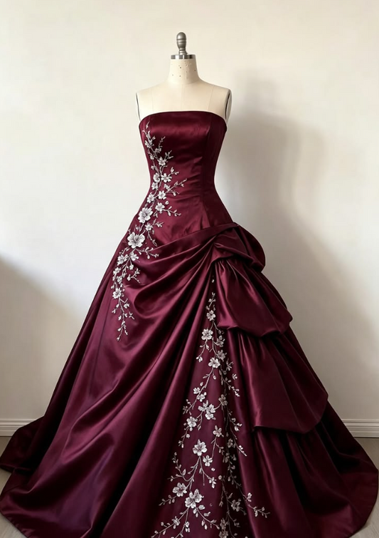 Strapless Printed Pattern Corset Prom Gown , Burgundy Women's Maxi Evening Dress Ball Gown RS2264
