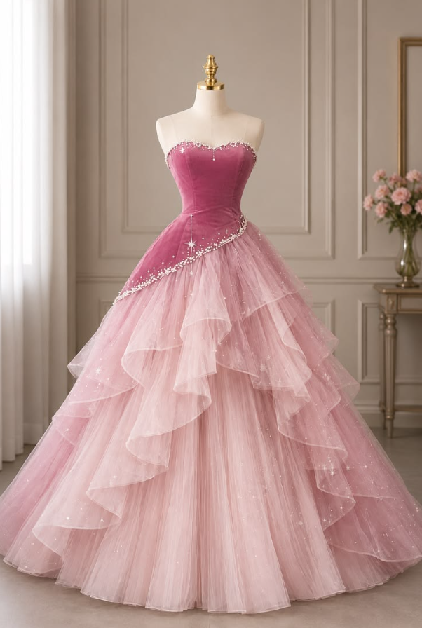 Puffy Tulle Sparkly Corset Prom Gown , Pink Women's Maxi Birthday Dress Ball Gown RS2265
