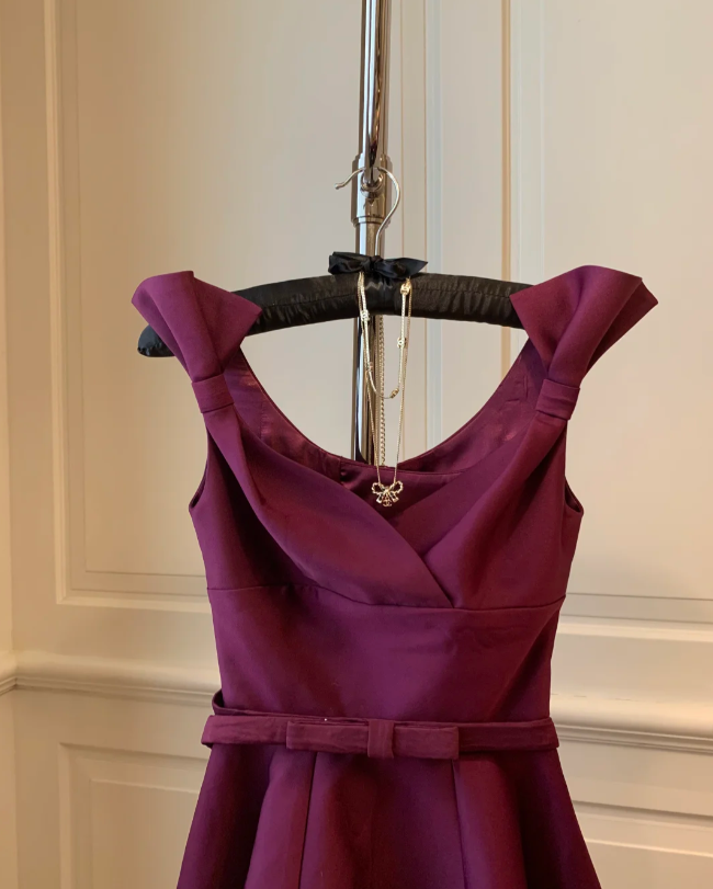 Purple bow strap waist slim fit A-line short skirt homecoming dress R4154