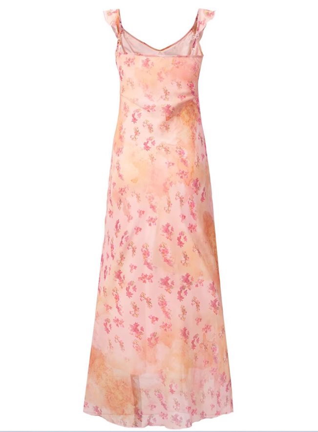 2025 summer new pink floral gentle style small flying sleeve waist lace dress R0954