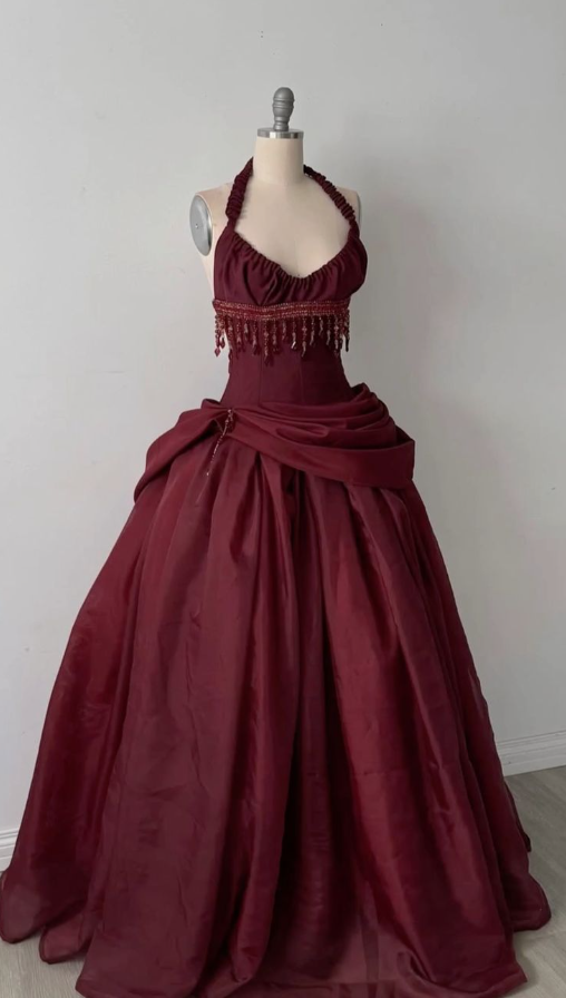 Halter Puffy Corset Prom Gown , Burgundy Women's Maxi Evening Dress Ball Gown RS2266
