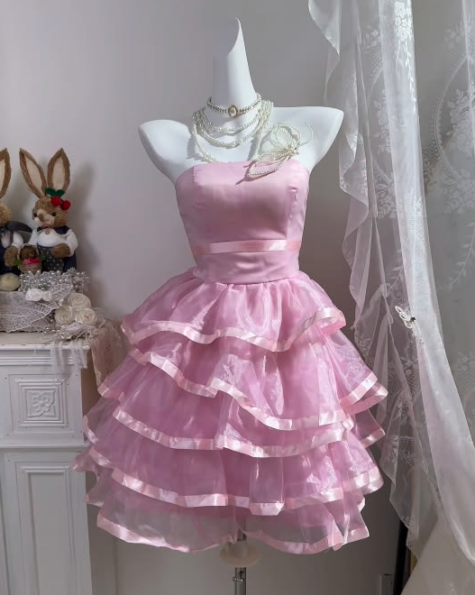 Ruffled Tulle Women's Homecoming Dress Sweet Pink Corset Mini Party Dress RS2246
