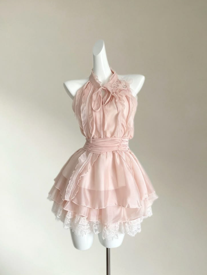 Chiffon Flowy Women's Homecoming Dress Blush Pink Corset Mini Party Dress RS2248