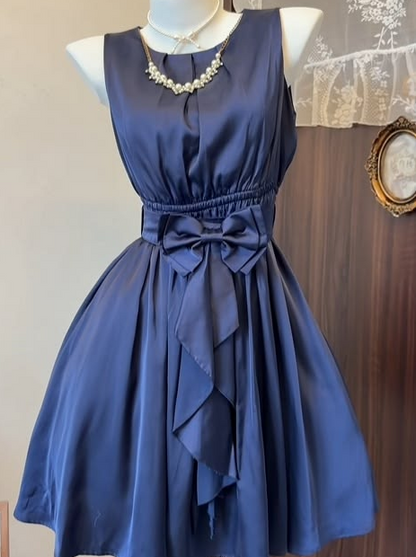 Silky Satin Pleated Women's Homecoming Dress Navy Corset Short Prom Dress RS2249