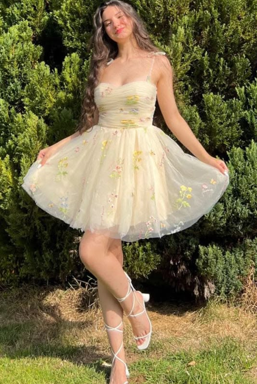Puffy Floral Women's Homecoming Dress Pastel Yellow Corset Mini Summer Dress RS2251