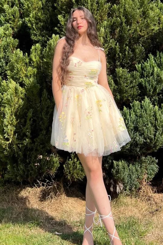 Puffy Floral Women's Homecoming Dress Pastel Yellow Corset Mini Summer Dress RS2251
