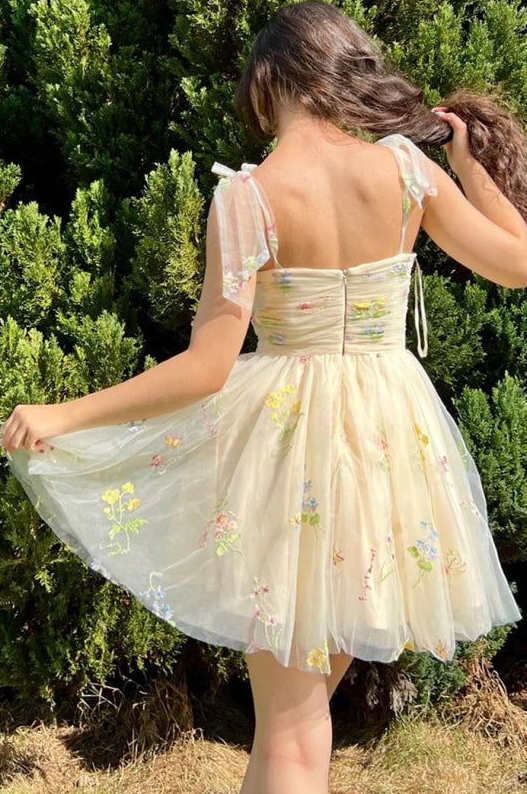 Puffy Floral Women's Homecoming Dress Pastel Yellow Corset Mini Summer Dress RS2251