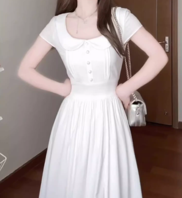 Elegant and decent skirt, gentle style, beautiful waist A-line white dress R0717