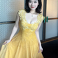 French Chic Yellow A-Line Sheer Straps Lace Embroidery Bodycon Maxi Women Dress Prom Dress RS295