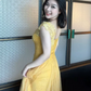 French Chic Yellow A-Line Sheer Straps Lace Embroidery Bodycon Maxi Women Dress Prom Dress RS295