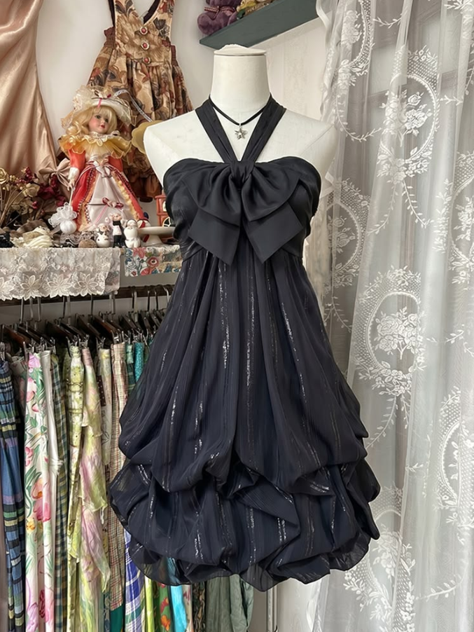 Glitter Halter Puffy Women's Homecoming Dress Black Corset Short Prom Dress RS2254