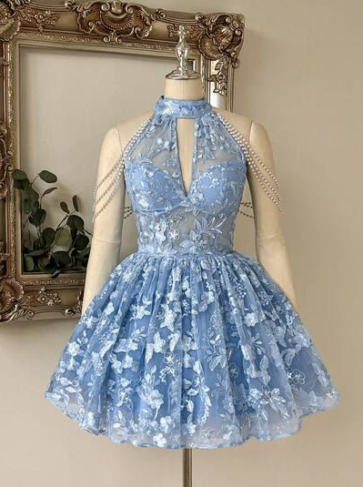 Tulle Halter Hazy Women's Homecoming Dress Blue Corset Short Prom Dress RS2255