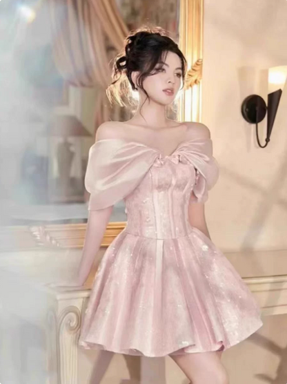 Sweet Blush Pink A-Line Bow-Bateau Bodycon Mini Birthday Dress Homecoming Dress RS284