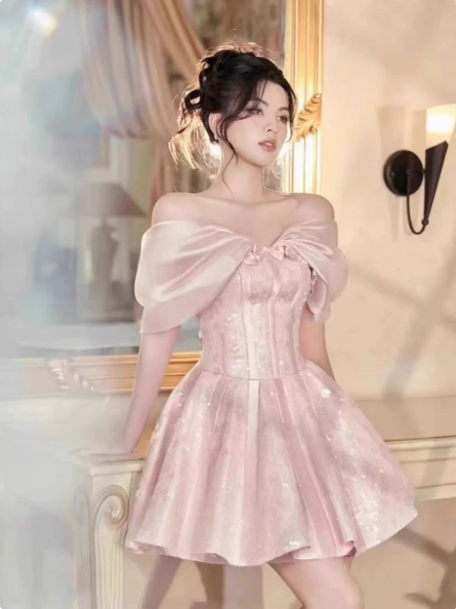 Sweet Blush Pink A-Line Bow-Bateau Bodycon Mini Birthday Dress Homecoming Dress RS284