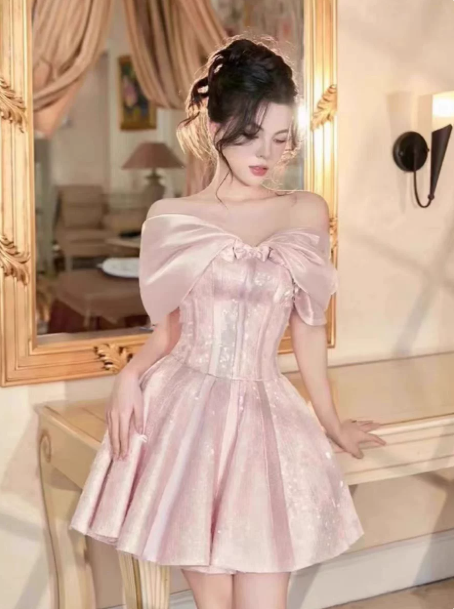 Sweet Blush Pink A-Line Bow-Bateau Bodycon Mini Birthday Dress Homecoming Dress RS284