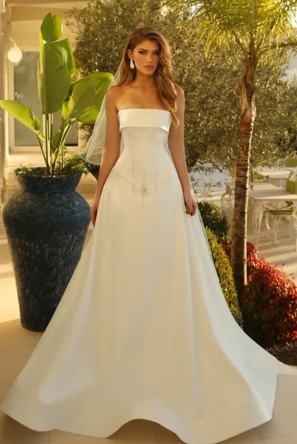 Elegant White Strapless A-Line Satin Silky Corset Maxi Wedding Dress RS2278