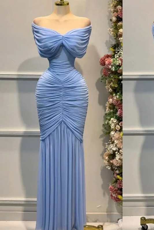 Chiffon Flowy Bodycon Prom Gown , Blue Women's Maxi Evening Dress RS2273