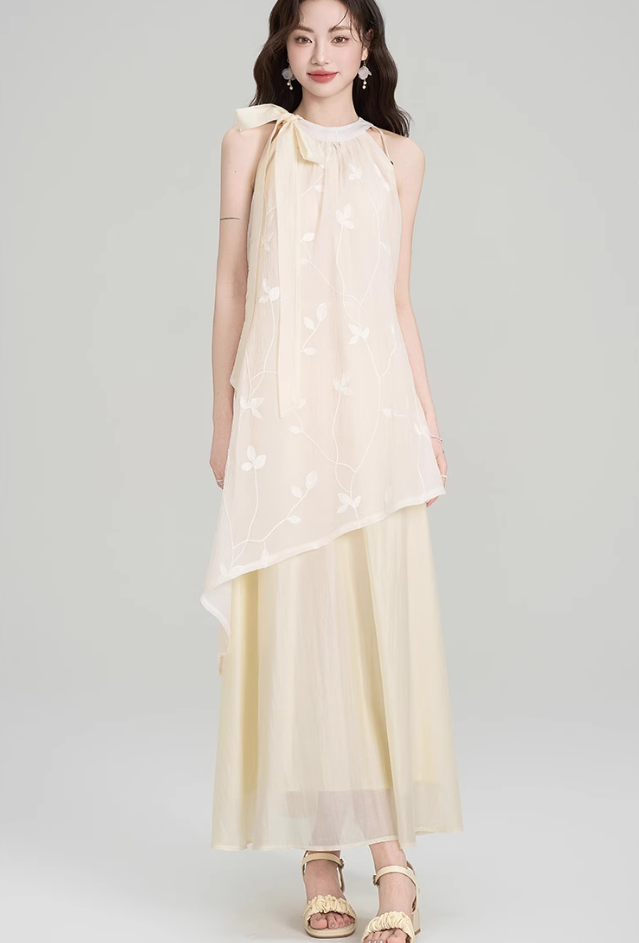 French style beautiful unique sleeveless halter dress holiday style irregular long skirt R2386