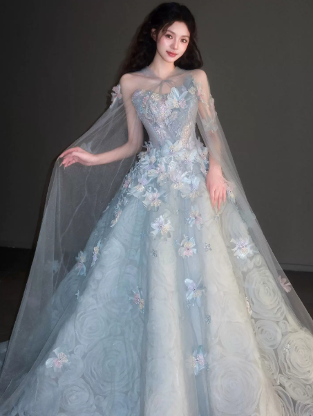 Floral Dreamy Tulle Corset Prom Gown , Pale Blue Women's Maxi Evening Dress Birthday Dress RS2276