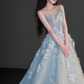 Floral Dreamy Tulle Corset Prom Gown , Pale Blue Women's Maxi Evening Dress Birthday Dress RS2276