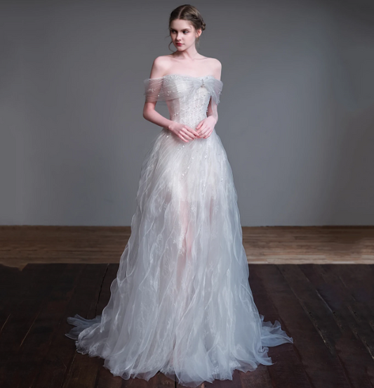 Dreamy White Bateau A-Line Tulle Flowy Corset Maxi Wedding Dress RS2279