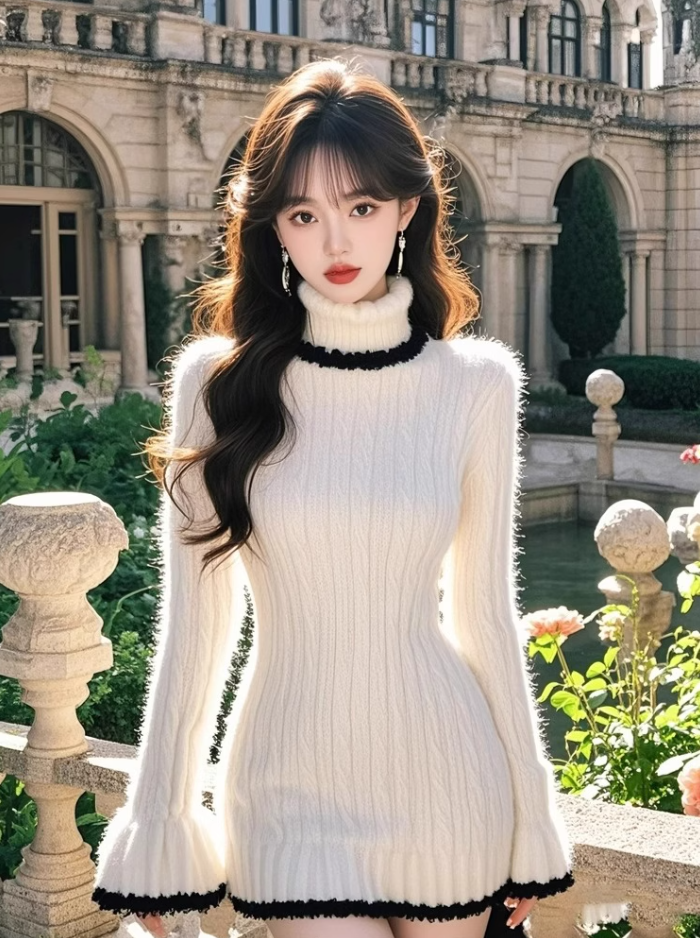 Gold knitted contrasting dress 2025 pure desire high collar waist hip skirt R1120