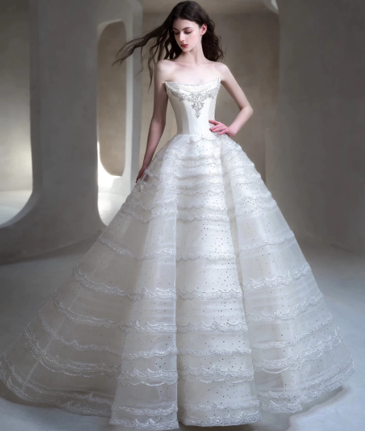Beaded White Strapless A-Line Tulle Puffy Corset Maxi Wedding Dress RS2280