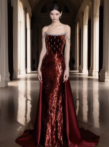 Sequins Glitter Burgundy Corset Prom Gown , Sparkly Women's Maxi Evening Dress RS2282