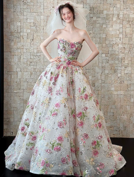 Puffy Tulle Glitter Corset Prom Gown , Floral Women's Maxi Evening Dress Birthday Dress RS2283