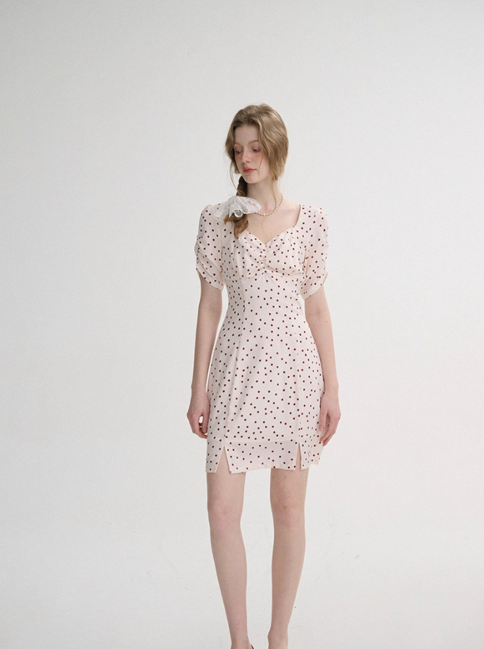 French polka dot short slit dress pastoral style mini skirt short sleeve skirt for women R3557