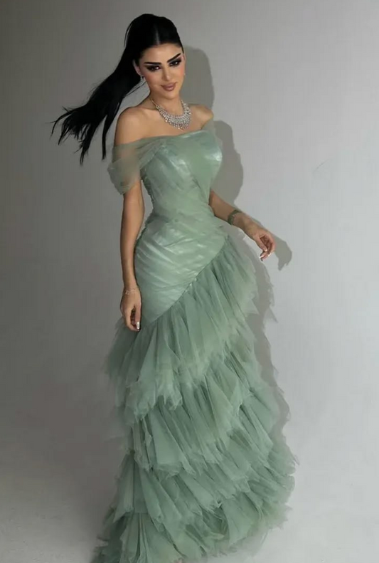 Ruffled Tulle Bodycon Prom Gown , Green Women's Maxi Evening Dress Party Dress RS2284